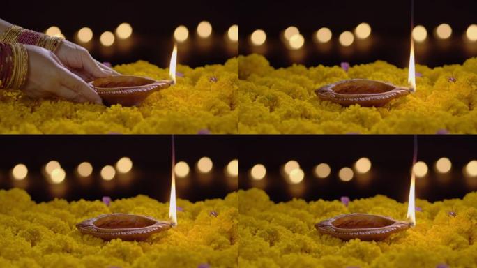 diya灯在排灯节庆祝活动中点亮，排灯节或Deepavali是印度最大，最重要的节日。