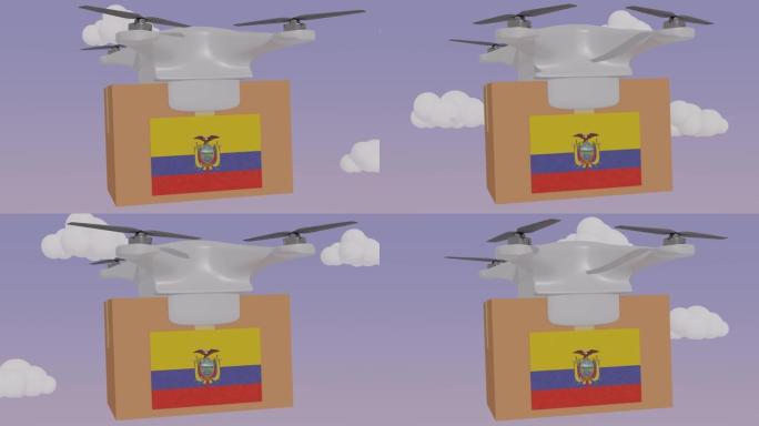 动画无人机携带带有-厄瓜多尔国旗的包裹