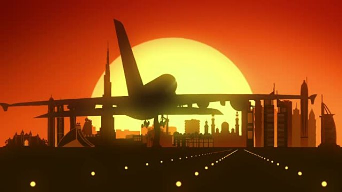 迪拜阿联酋阿拉伯朱美拉酋长国野生动物园旅行飞机降落城市假日橙色红色金色剪影梦想背景飞机飞机名称单词手