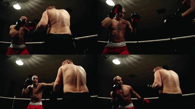 拳击场上那个荷枪实弹的拳击手给了那个胖拳击手一拳。动态相机运动，广角。钻机上的摄像机