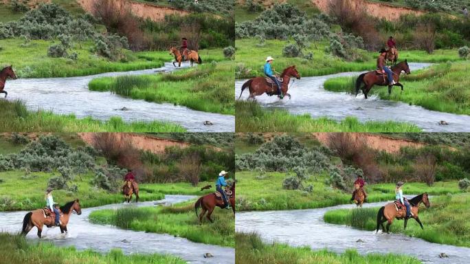 牛仔和女牛仔骑马穿过河