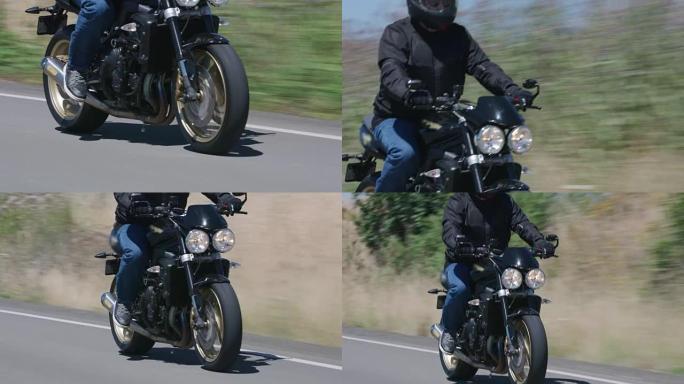 在乡村公路上骑摩托车的男子的跟踪镜头。