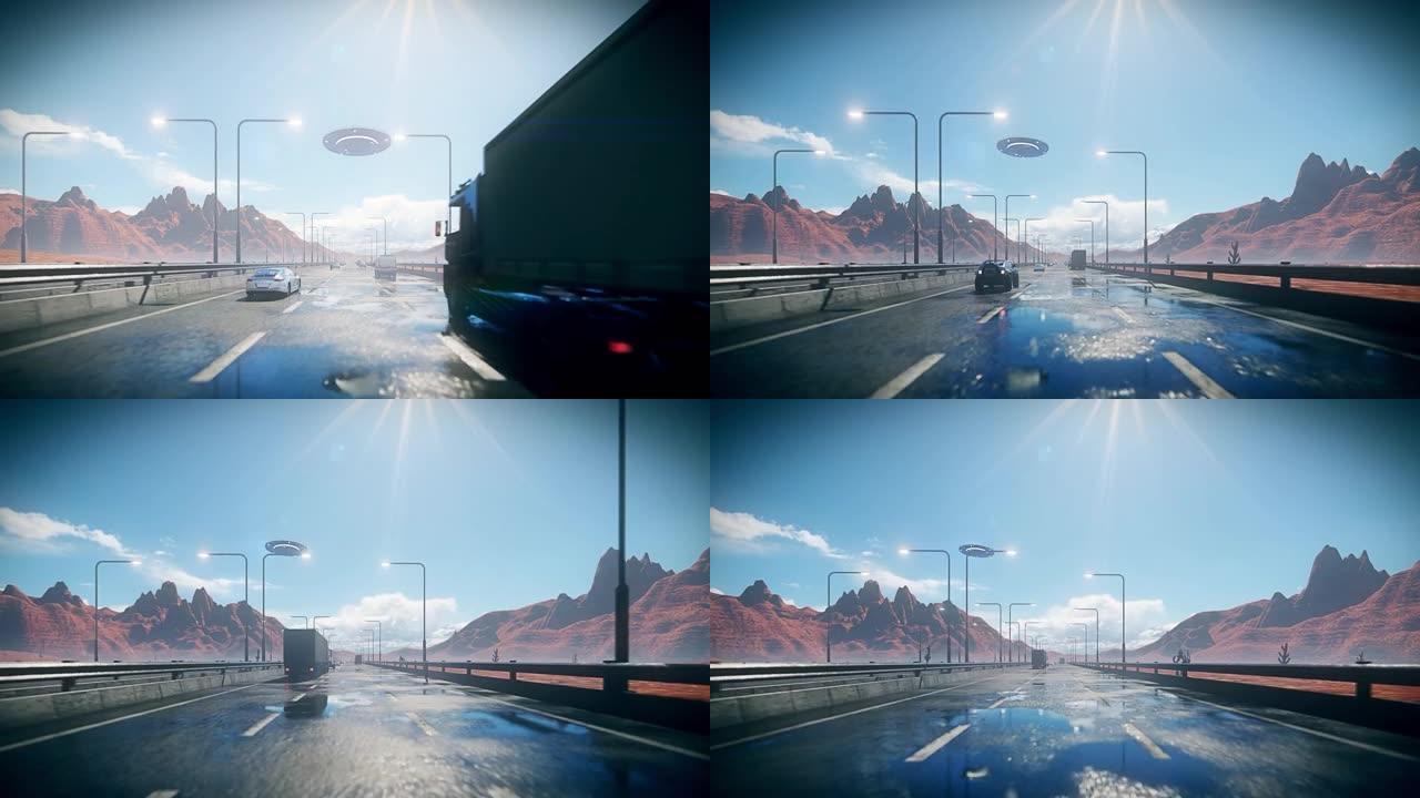 大型飞碟飞越繁忙高速公路的3D动画