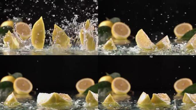柠檬片击中淡水表面。慢动作镜头
