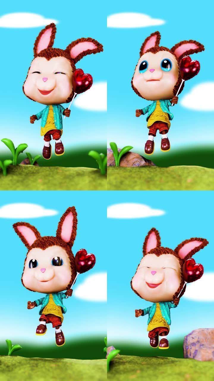 在情人节的这个垂直渲染的3D动画循环中，一只手里拿着心形气球的兔子奔跑跳跃。