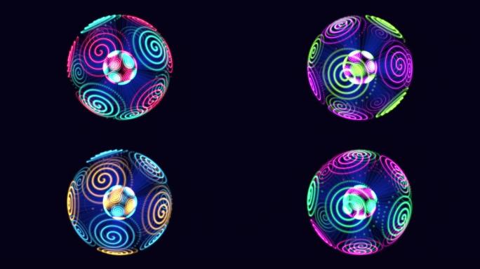 彩虹抽象和幻觉球体，黑色渐变上有霓虹点和线