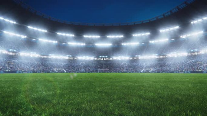 比赛前，一群球迷兴奋地欢呼着，一个大而空的足球场的审美静态建立镜头。灯光照耀着运动场的草地。