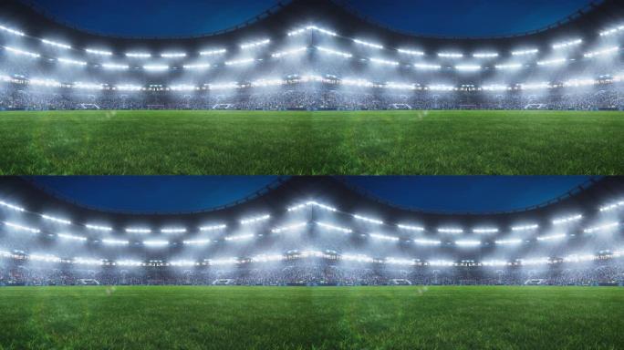 比赛前，一群球迷兴奋地欢呼着，一个大而空的足球场的审美静态建立镜头。灯光照耀着运动场的草地。