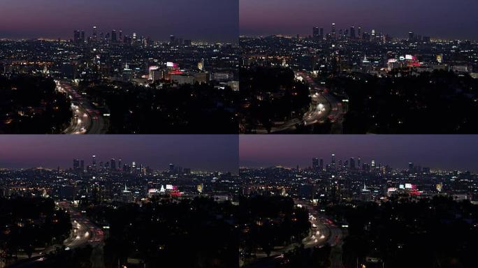 日出前洛杉矶的无人机拍摄-好莱坞，韩国城和市中心