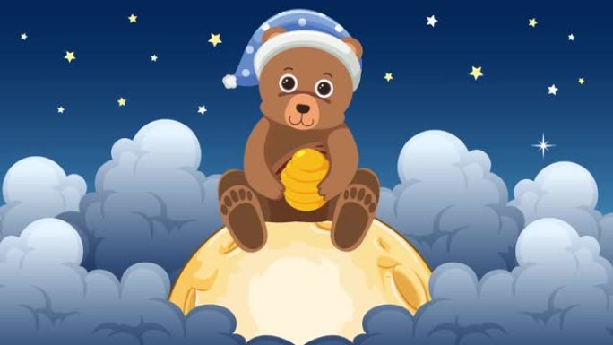 坐在星空中的月亮上的动画可爱熊