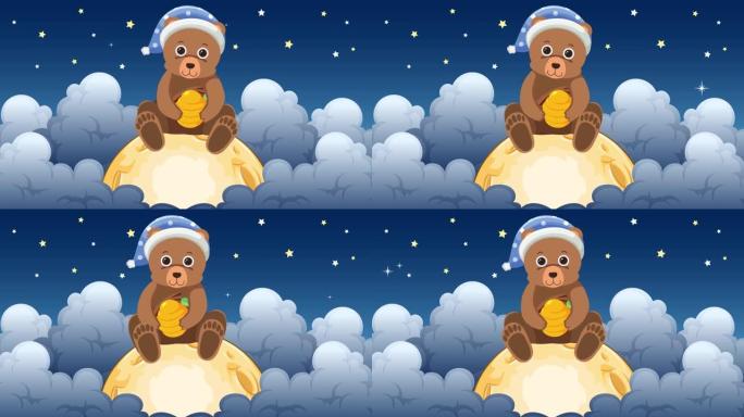 坐在星空中的月亮上的动画可爱熊