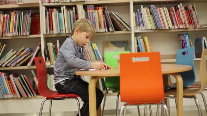 可爱的小男孩，坐在图书馆，看书，选择借什么，书店里的孩子