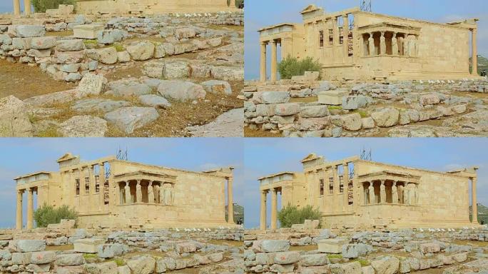 带有大理石柱子的古希腊神庙的垂直全景照片