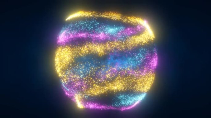 抽象球的黄色蓝色和紫色发光明亮的飞行能量粒子和圆点抽象背景。视频4k，60 fps，运动设计
