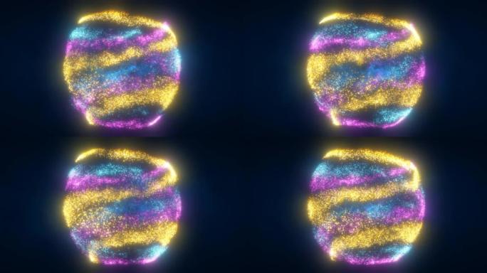 抽象球的黄色蓝色和紫色发光明亮的飞行能量粒子和圆点抽象背景。视频4k，60 fps，运动设计