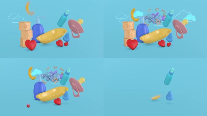 卡通风格的婴儿黄色浴缸，周围有婴儿奶瓶，木制玩具立方体，带有字母和数字，心形，洗发水瓶子，蓝色背景上