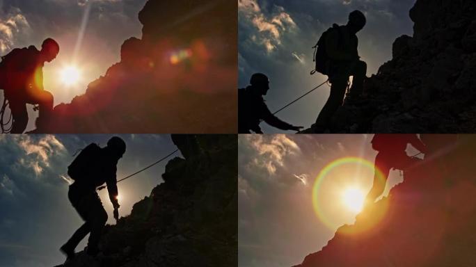 两名登山者在太阳耀斑中上山