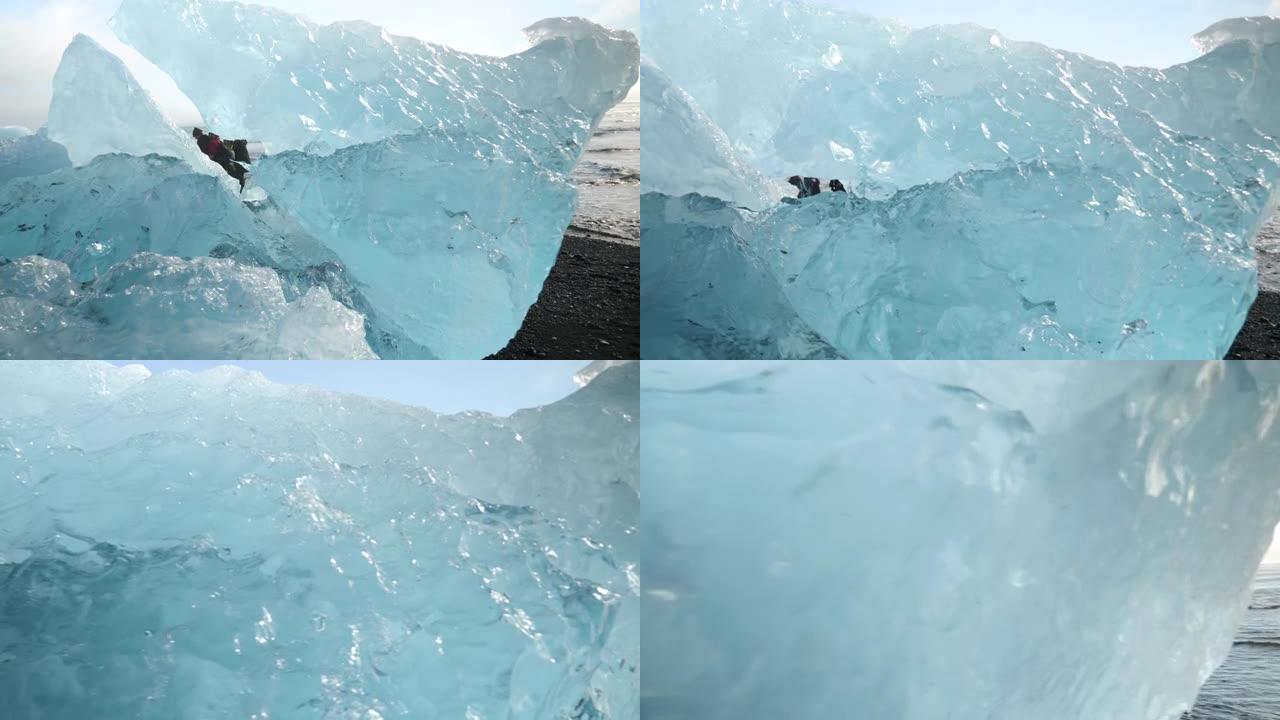 冰岛的钻石海滩。一座巨大融化冰山的特写镜头。