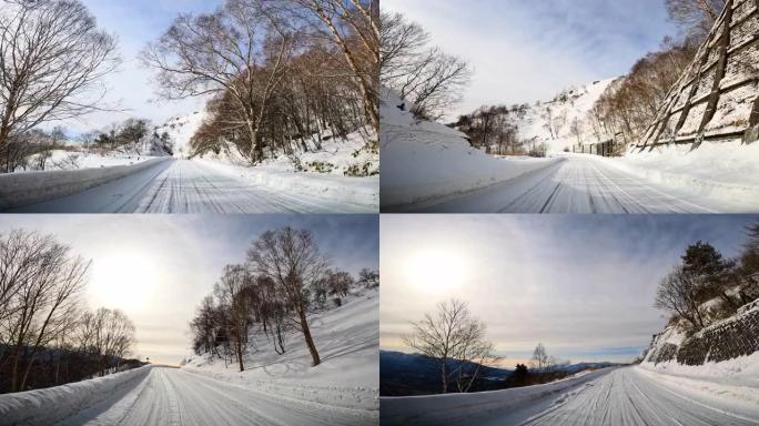 在雪山路上行驶行驶车窗外汽车第一视角