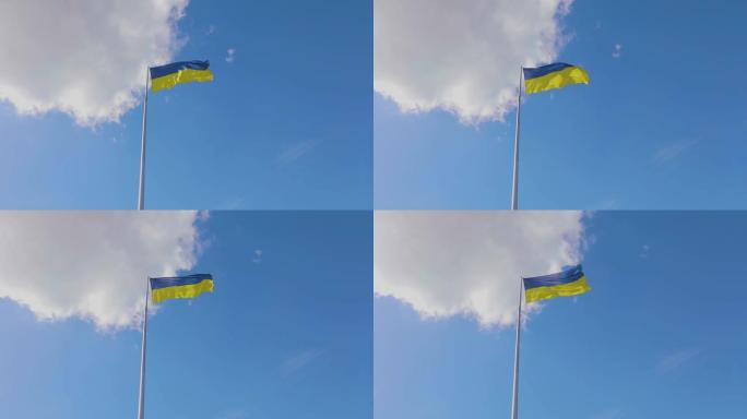 旗杆上的大乌克兰果馅饼。乌克兰国旗在晴朗的天气