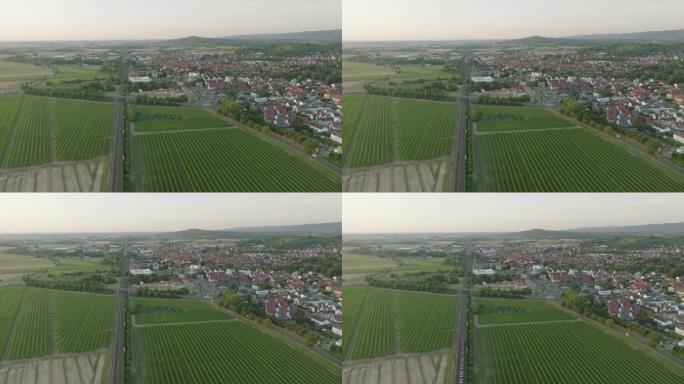 空中无人机拍摄了广阔农田外的一个小镇