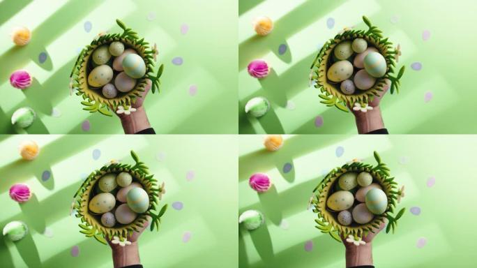 复活节背景绿色和鸡蛋扁平层复制空间