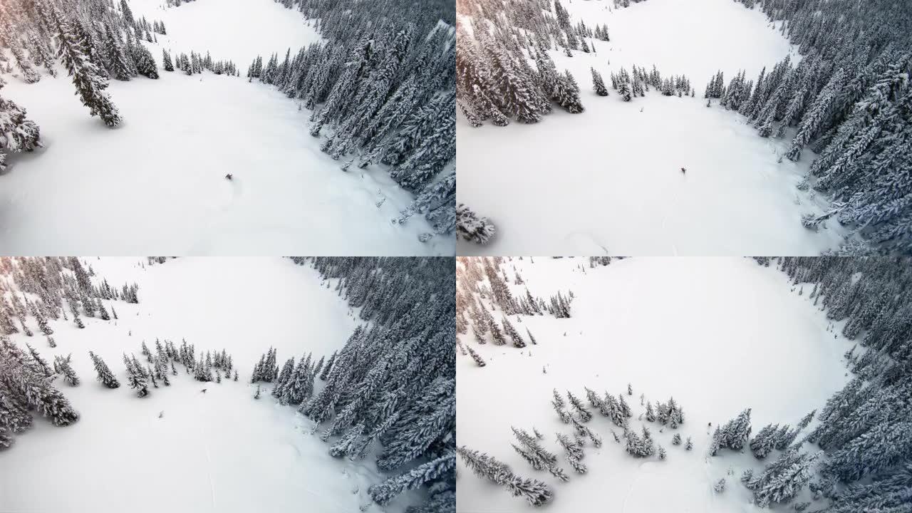 无人机跟随滑雪板雕刻未触及的偏远地区粉末雪