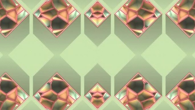 浅绿色背景上具有几何裂纹图案和长影的方形盒子的对称组成。数字无缝循环动画。3d渲染4K