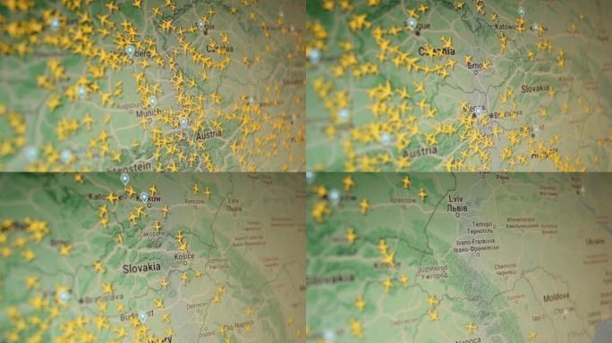飞机在中欧上空的空中交通在乌克兰上空没有飞机在计算机屏幕上拍摄