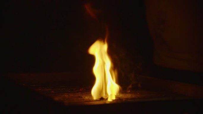 烧烤炉上冒出一团大火.