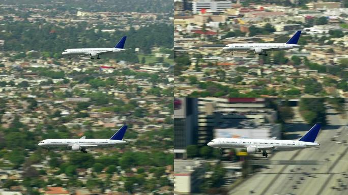 在城市上空飞行的客机的空中拍摄