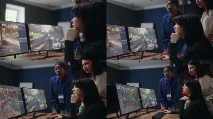 专业视频游戏开发人员在办公室的计算机上创建新界面和虚拟现实