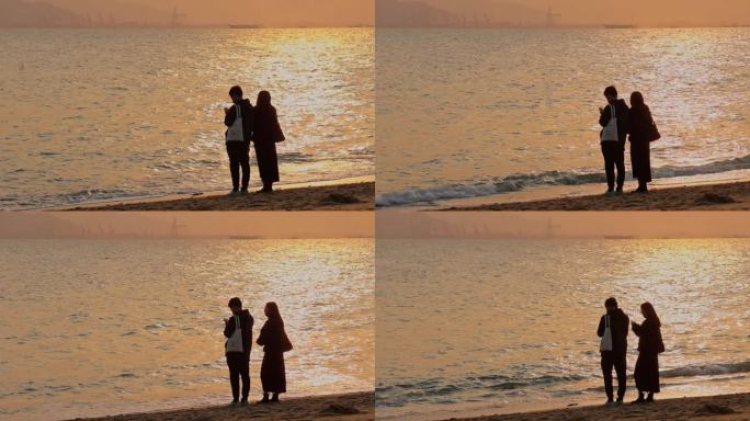 海边沙滩情侣背影唯美爱情