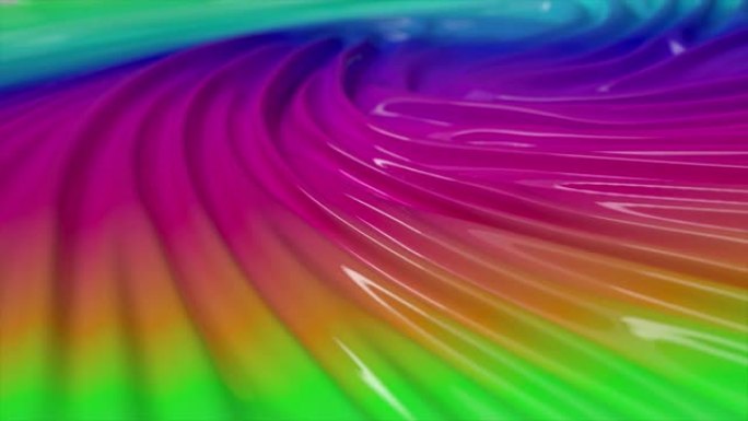虹彩液体表面在中心旋转。光滑表面上的折痕和波纹。彩虹抽象背景。