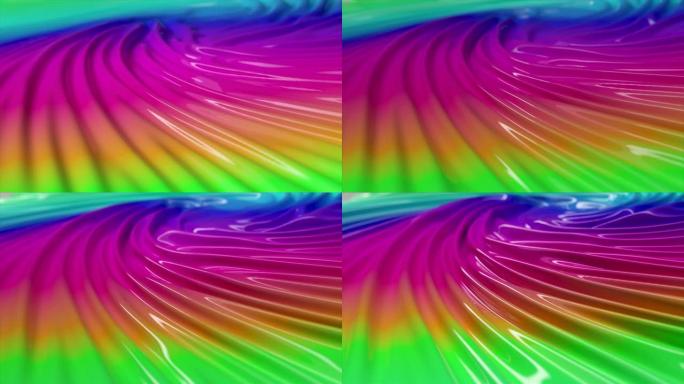 虹彩液体表面在中心旋转。光滑表面上的折痕和波纹。彩虹抽象背景。