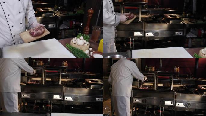 厨师将五香肉放在餐厅的木炭烤架上