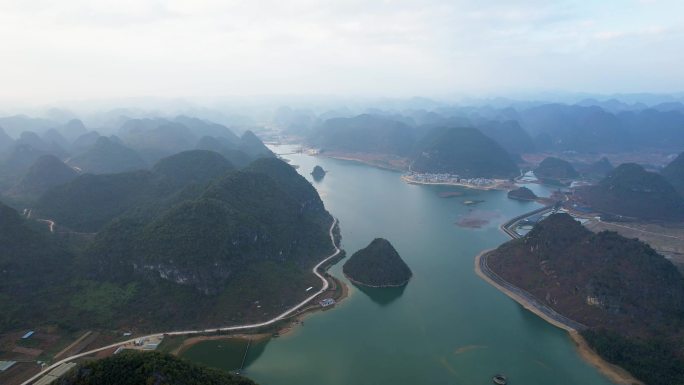广西靖西渠洋湖自然风光喀斯特地貌山水航拍