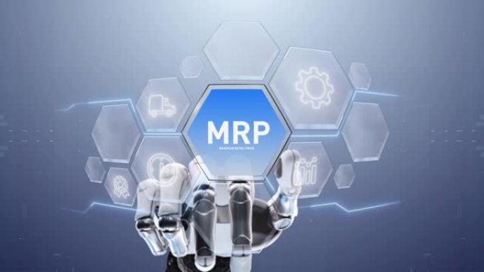 MRP最高零售价机器人手触摸，触摸未来，界面技术，用户体验的未来，旅程和技术概念，数字屏幕界面