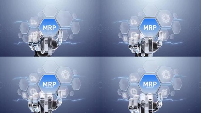 MRP最高零售价机器人手触摸，触摸未来，界面技术，用户体验的未来，旅程和技术概念，数字屏幕界面