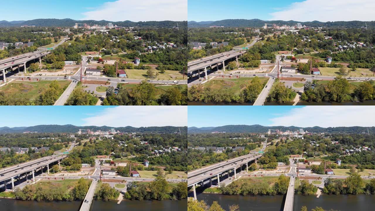 北卡罗来纳州阿什维尔法国宽河上海伍德街大桥的4k无人机视频 (卡车镜头)