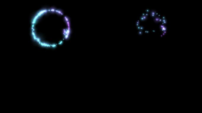 蓝色和紫色发光的光粒子画一个圆圈并消失，闪烁的眩光闪光vfx孤立在黑色背景上