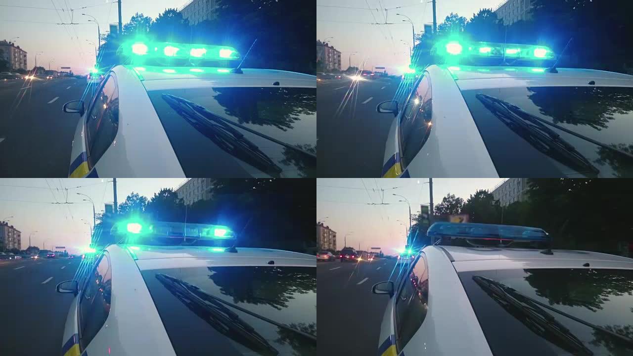 警车发光二极管频闪灯条，蓝光闪烁，紧急车辆