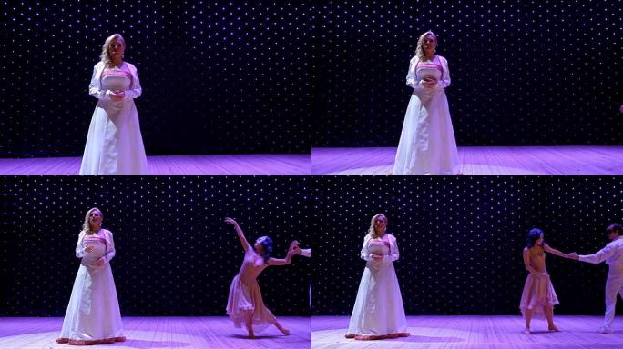 美丽的女人穿着白色长裙在舞台上唱着性感的歌曲