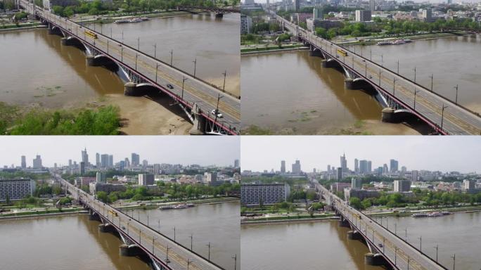 华沙市在维斯瓦河上的长桥的无人机鸟瞰图