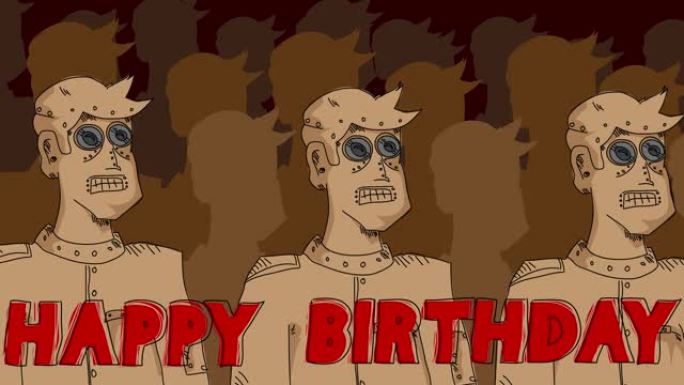 带有生日快乐文本的机器人军队。线艺术动画视频。