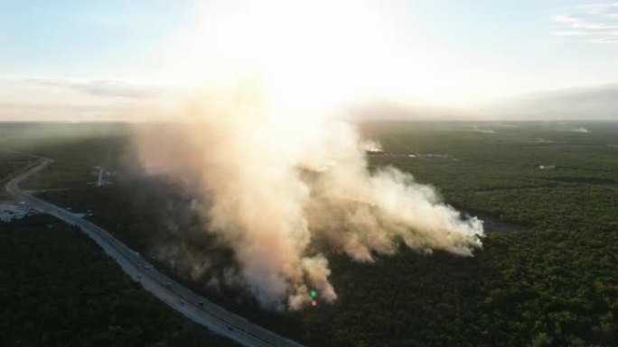 在高速公路旁边的田野中燃烧垃圾产生的烟雾的鸟瞰图。气候变化的全球影响。人的疏忽引起火灾