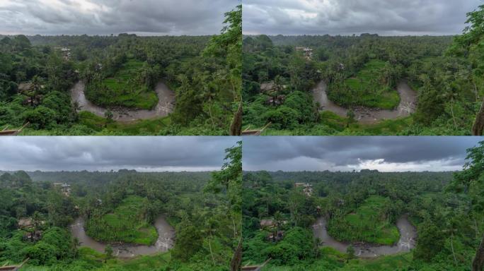 乌布巴厘岛萨扬点的绿色茂密丛林，河流和稻田的时间流逝