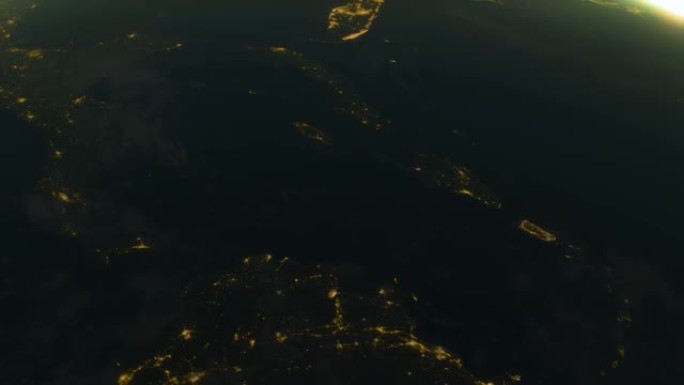 宇宙飞船在夜间飞越地球。从太空拍摄地球夜景的电影。从太空看地球。3d动画