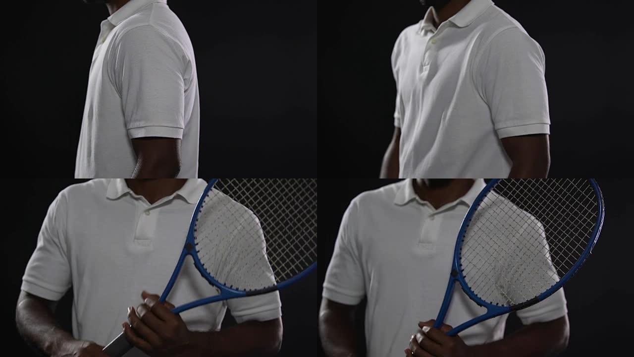 男运动员手持球拍并在镜头前摆姿势，网球俱乐部的广告