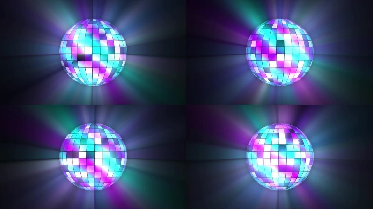 4k顺时针旋转绿松石紫色迪斯科球。闪光球上的一系列明亮发光的颜色。闪亮的球形镜球与复杂的显示股票视频